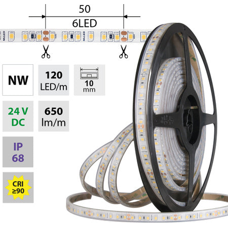 LED traka u neutralnoj bijeloj boji s 650 lumena i 9,6 vata po metru na 24 volta, IP68